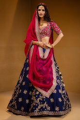 Indigo Blue Raw Silk Heavy Designer Handworked Lehenga with Curved Sweet-Heart Neck Blouse